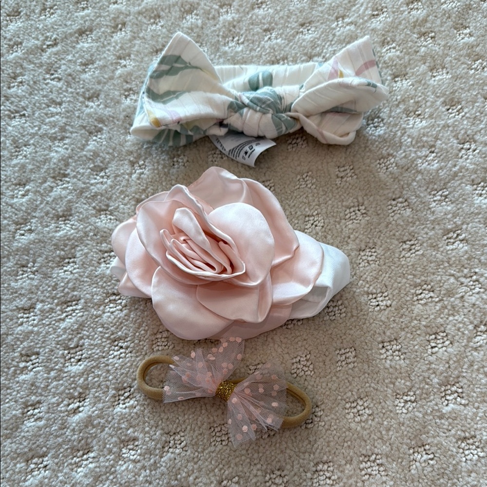 Floral and Pink Bow Kids Headband Set